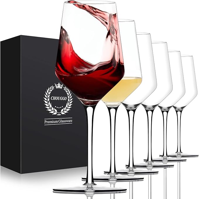 Chouggo Wine Glasses Set of 6, Hand Blown Crystal Red Wine or White Wine Glass - 15Oz, Hand Crafted by Artisans - Gifts for Women, Men, Wedding, Anniversary, Christmas, Birthday