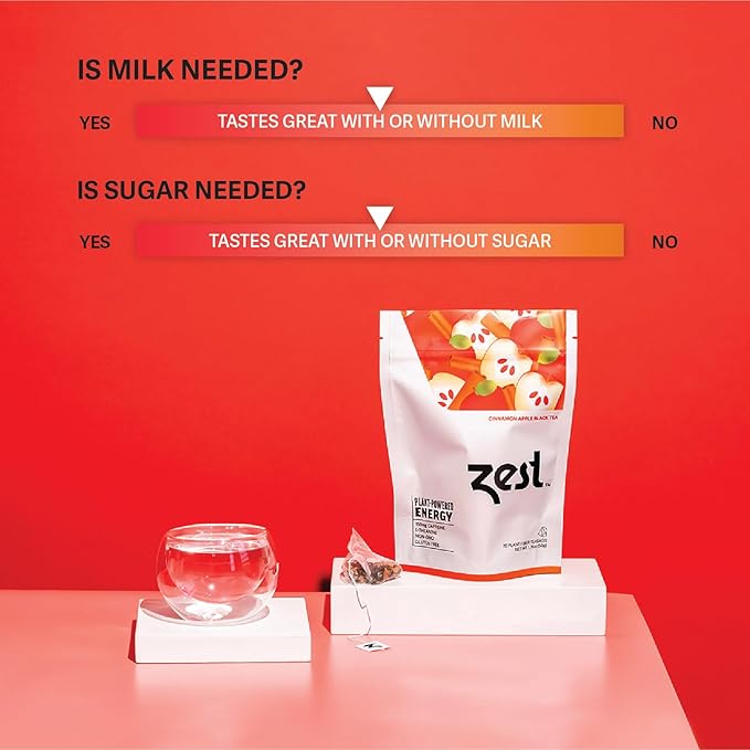 Zest Cinnamon Apple Spice Energy Tea – High Caffeine Black Tea Bags for Focus, Clarity & Morning Energy – Natural Non-GMO Caffeinated Breakfast Tea – Cozy Fall Focus Tea with 150mg Caf – 20Ct Pack