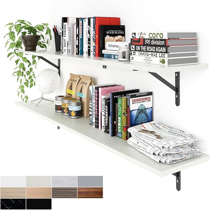 Kaboon 55 inch Long 10 inch Deep Floating Shelves for Wall Set of 2, Large Open Shelves Wall Mounted, Space Saving Home and Commercial Use, Sea Salt/Greyish White