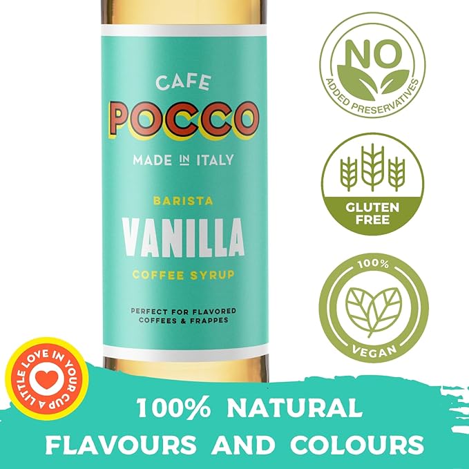Cafe Pocco Premium Vanilla Coffee Syrup with Pump - Gluten Free and Vegan Syrup, Ideal for Lattes, Cappuccinos, Espresso, Americano - Glass Bottle 750ml (Pack of 1)