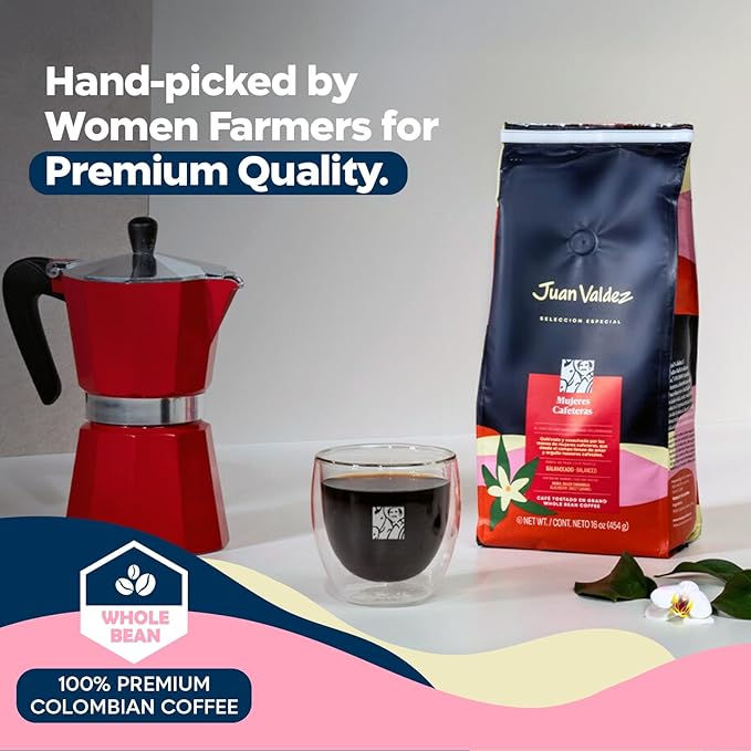 Juan Valdez Mujeres Cafeteras Whole Bean Coffee - Medium Roast Coffee Beans | 100% Colombian Coffee | 16 oz / 454 gr | A balanced coffee with flashes of sweet vanilla, cherry, blackberry and caramel notes