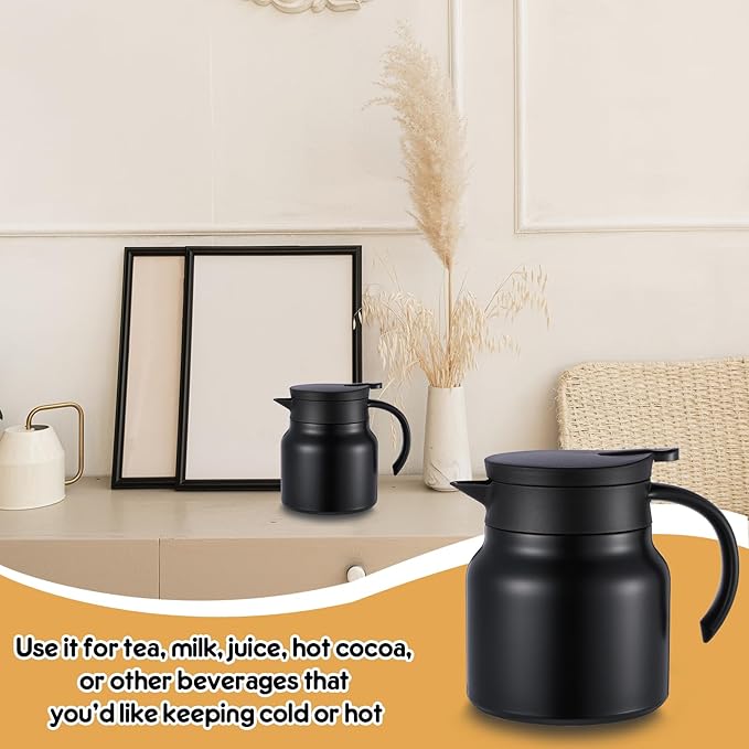 2 Pcs Thermal Coffee Carafe for Keeping Hot/Cold Stainless Steel Small Coffee Creamer Container Double Wall Vacuum Insulated Tea pot Beverage Dispenser for Milk Hot Chocolates(Black,27 oz)