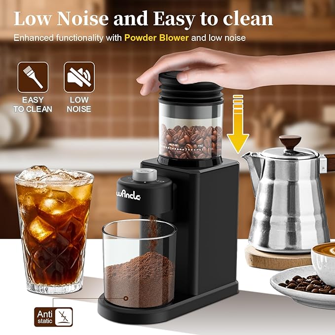 Wancle Conical Burr Coffee Grinder Electric - 200W Compact Automatic Coffee Bean Grinder with 25 Setting Adjustable, Low Noise Espresso Coffee Grinder,One-Touch Operation with Self-Cleaning Blower