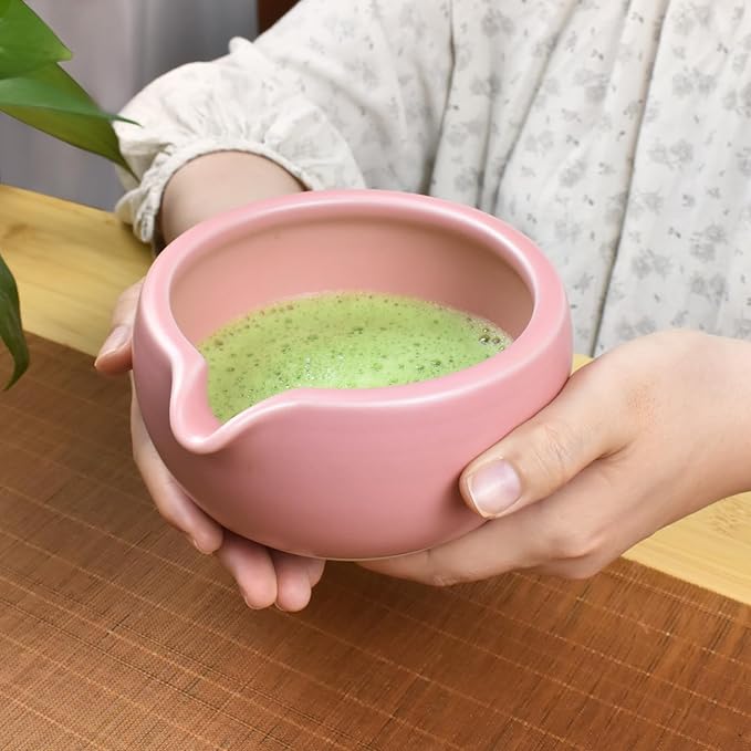 Artcome 7 Pcs Complete Matcha Ceremony Kit for Tea Ceremony, Bowl with Pouring Spout, Whisk, Tea Scoop, Matcha Powder Strainer, Matcha Tea Set For Making Usucha, Koicha and Matcha Latte (Pink)