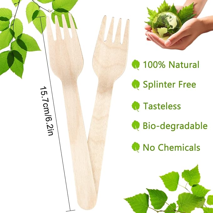200 Pack Disposable Wooden Forks, 6.2 Inch Compostable Cutlery - Splinter-Free & Sturdy - Biodegradable Utensils Bulk for Weddings, Parties, Catering Services, Events, Camping & Office Lunch