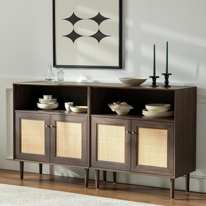 Rattan Sideboard Cabinet Set of 2, Boho Buffet Storage Cabinets Farmhouse Credenza with Natural Rattan Doors and Adjustable Shelves for Living Room Dining Room Entryway Kitchen(Walnut)