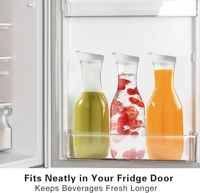 Water Carafe with Lid, 50 Oz Round Plastic Pitcher for Drinks, Milk, Mimosa Bar Supplies, Iced Tea, Juice Containers with Lids for Fridge, BPA-Free, NOT DISHWASHER SAFE, 4 Pack