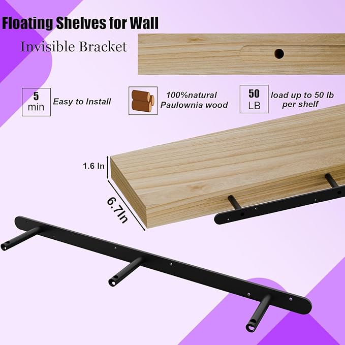 IAE Floating Wall Shelves 48 inch,Bathroom Shelf Wall Mounted,Invisible Shelving Floating Kitchen Shelves,Wooden Wall Shelf with Brackets for Living Room Wall Mounted,Easy Install,Set of 2,Natural