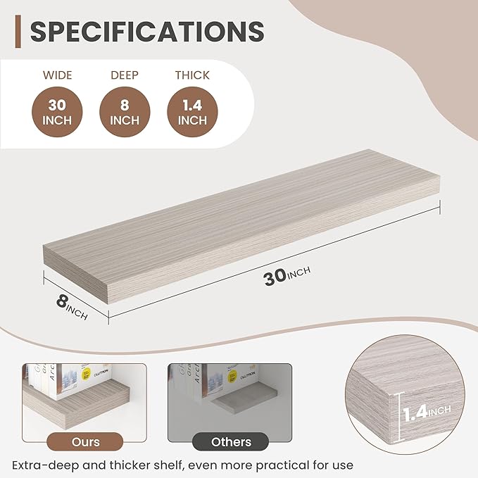 30 Inch Floating Shelves, 8 Inch Deep Floating Shelves for Wall, Hanging Shelf with Invisible Brackets, Deep Shelves for Bathroom, Bedroom, Living Room, Grey, Set of 2