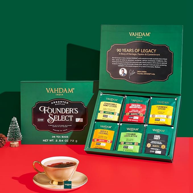 VAHDAM, Founder's Select Assorted Tea Gift Set (6 Variety, 36 Tea Bags) - Premium Gift Box | Individually Wrapped Pyramid Teabags | Christmas Tea Gifts for Women and Men