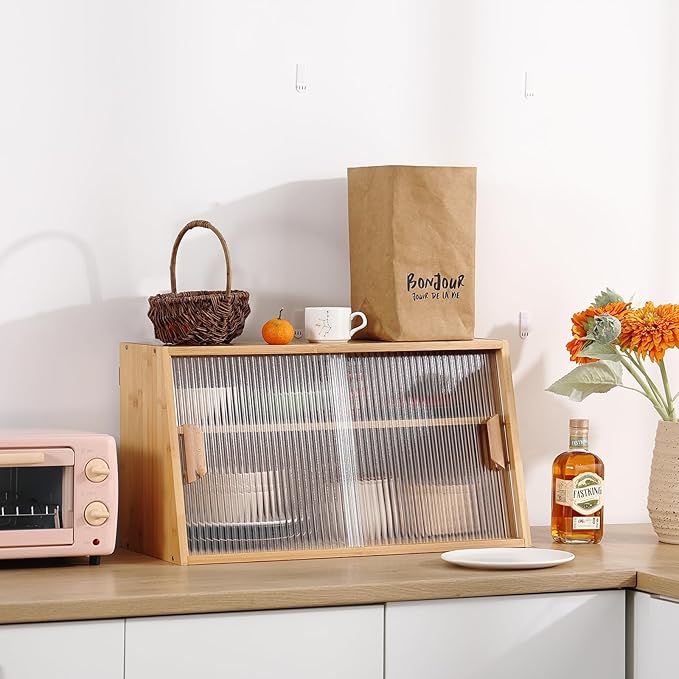 Wooden Countertop Storage, Small Bamboo Kitchen Pantry Sideboard with 2 Glass Sliding Door, Pantry Storage Cabinet for Kitchen, Living Room, Dinning Area and Bathroom, Wood