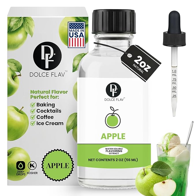 Dolce Flav Natural Apple Extract – 2 oz Water-Soluble Pure Apple Flavoring Drops for Baking, Drinks & Desserts | Highly Concentrated | Sugar Free | Allergen Free | Made in USA