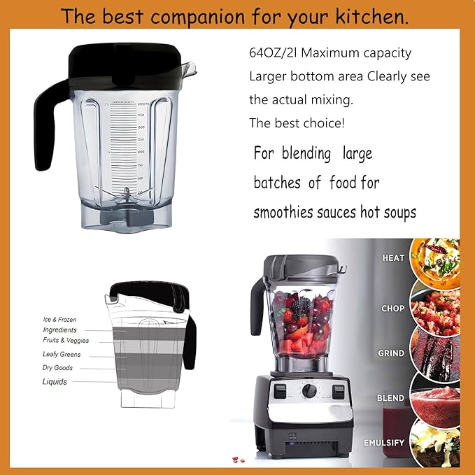 Blender Pitcher 64oz Low-Profile, Compatible with vit 780 75-0 75-00 5000 5200 6300 7800 Vm0102 Vm0103 Vm0197 E310 Classic/Commercial/Professional Series etc Blender, Blender jar cup,10 Years Warranty