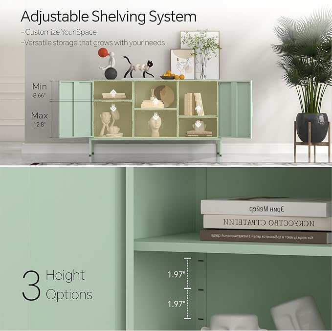 Metal TV Stand for 65 Inch TV, Metal Storage Cabinet Sideboard Buffet Cabinet Coffee Bar 2 Door Locker Pantry for Office Home Kitchen (Green, 47.24" D x 13.78" W x 29.53" H)