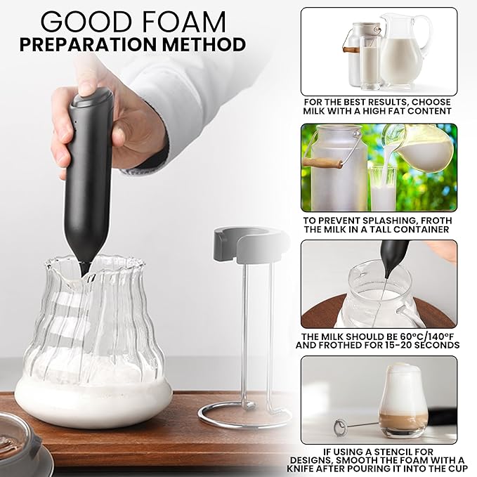 Handheld Milk Frother Wand Rechargeable with Stand/Electric Whisk Coffee Frother Handheld/Milk Frother Rechargeable Coffee Mixer Wand/Drink Mixer Hand Frother mixer