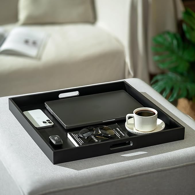 Hanobe Ottoman Tray for Living Room: Modern Extra Large Black Serving Decorative Trays with Cutout Handles for Coffee Table Home Decor, 20"