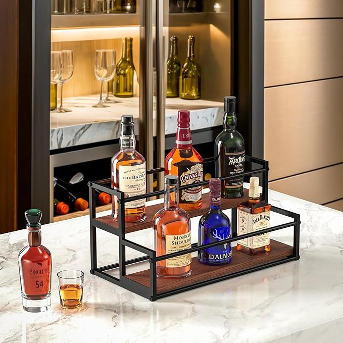 THYGIFTREE 2 Pack Liquor Bottle Display Shelf 2 Tier Rack Holder Bar Shelf Stand for Wine Whiskey Risers Organizer Kitchen Countertop