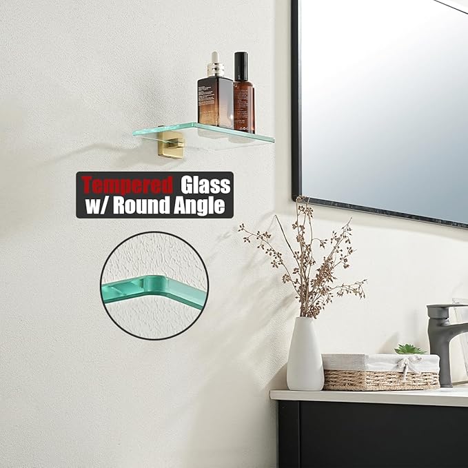 JQK Bathroom Glass Shelf Gold, Tempered Glass Shower Storage 8 by 5 inches, 304 Stainless Steel Brushed Gold Wall Mount, TGS201L8-BG
