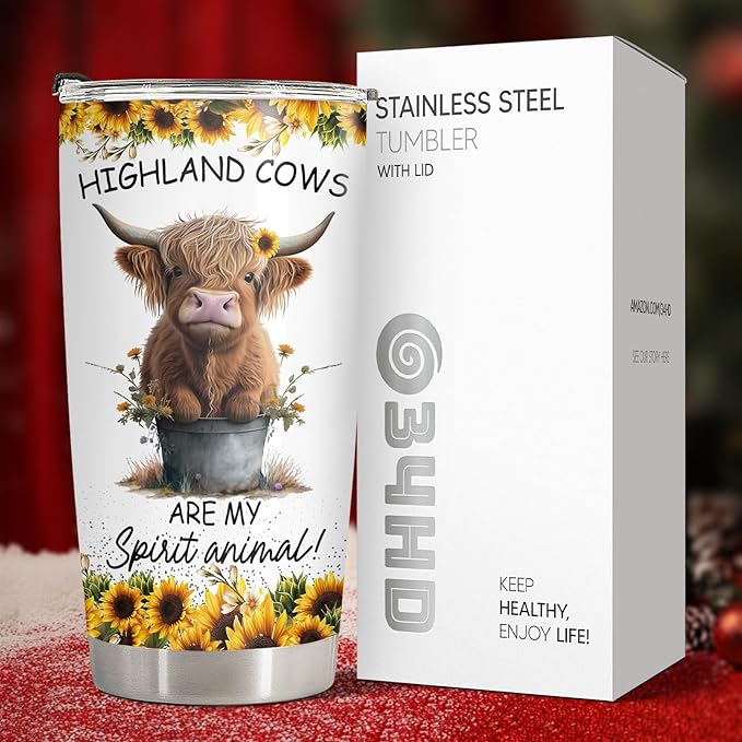 34HD Highland Cow Tumbler with Lid, 20oz Vacuum Insulated Heifer Coffee Mug, Highland Cow Gifts for Girls, Women on Birhday, Mothers Day, Christmas, Graduation