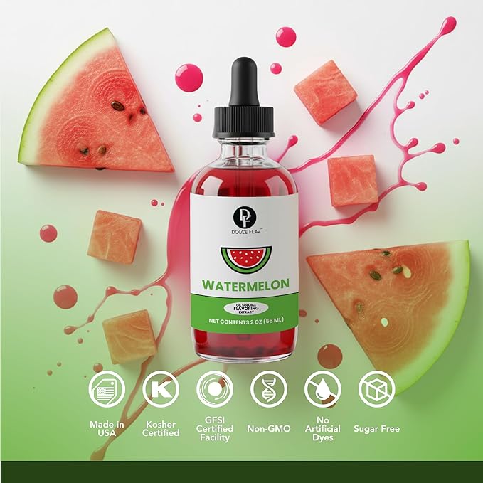 Dolce Flav Watermelon Extract – 2 Ounce Oil-Soluble Kosher, Sugar-Free, Concentrated Juicy Watermelon Flavoring for Baking, Chocolates & Desserts, Includes Measured Dropper