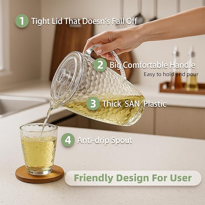 84 oz Crystal-Clear Pitcher with 4 Tumblers Set, BPA-Free Food-Grade Jug with 3-Position Lid & Spout – Large Beverage Pitcher for Party, Iced Tea, Lemonade, Sangria, Fridge-Clear