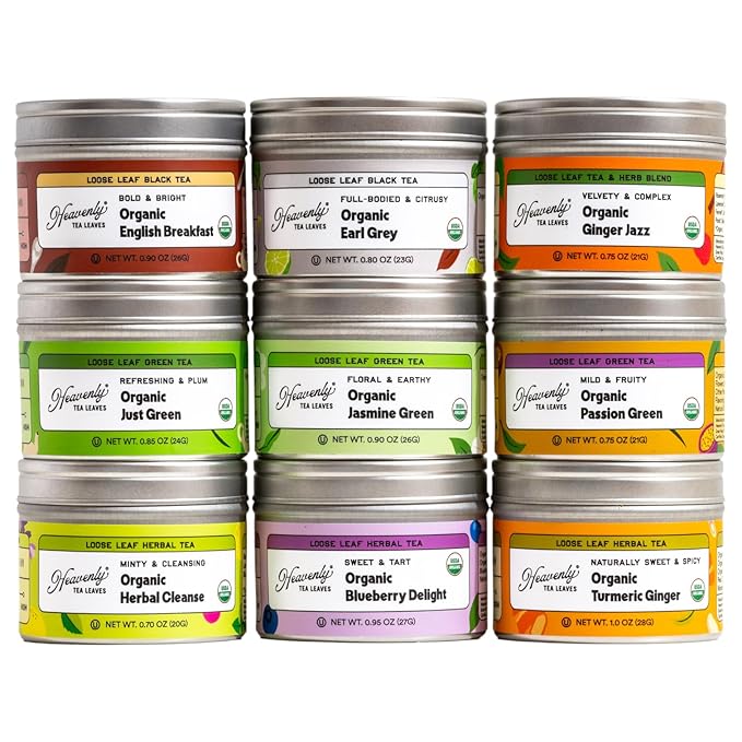 Heavenly Tea Leaves Organic 9 Loose Leaf Tea Sampler Gift Set (Approx. 90 Cups) | Assortment of Black Tea, Green Tea, Herbal Tea | High to No Caffeine | Great Hot or Iced | Premium Assorted Gift Box