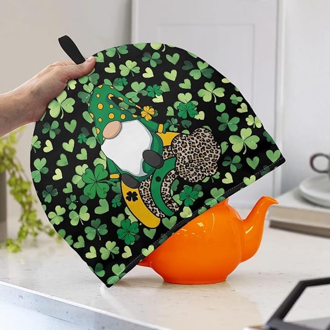 Gnomes Teapot Insulation Cover Lucky Leaf Tea Kettle Cover for Woman Keep Warm Kettle Kitchen Dust Cover Water-Resistant Teapot Cover