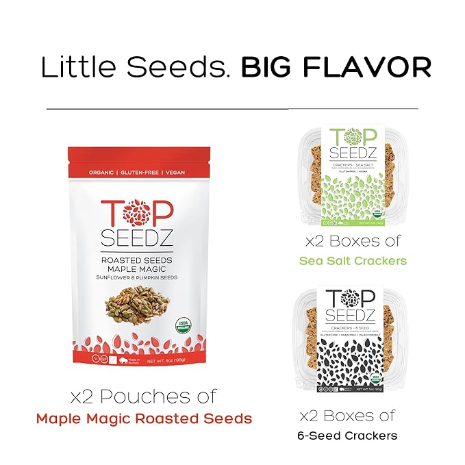 Top Seedz Deluxe Organic Gluten Free Vegan Crackers and Roasted Seeds Bundle | 2 Pouches of Maple Magic Roasted Seeds | 2 Packs of Sea Salt Crackers | 2 Packs of 6-Seed