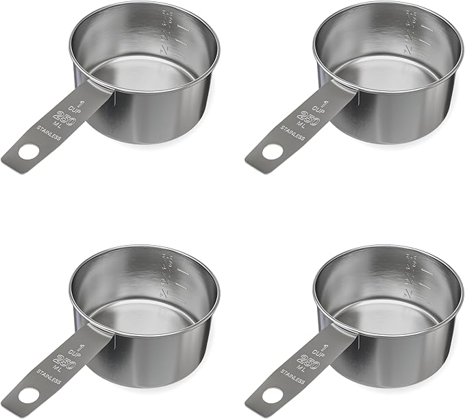 1 Cup Stainless Steel Measuring Cup | Sturdy Metal 250 ml | 240 cc | 8 oz | Single Cup for Wet and Dry Ingredients | Great for use as 1 Cup Dog Food Scoop - 4 PK
