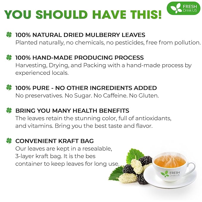 FreshDrinkUS, Permium 8oz Mulberry Leaves, 100% Natural & Pure from Mulberry Leaves, Loose Leaf Herbal Tea, No Additives, No Caffeine, Vegan