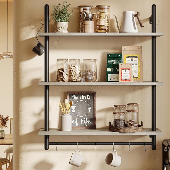 Bestier 3 Tier Industrial Pipe Shelving, Floating Book Shelves for Wall, Storage Hanging Shelves with Towel Bar for Bathroom Organizer Bedroom Kitchen Plants Office. 31.5 Inch Retro Grey