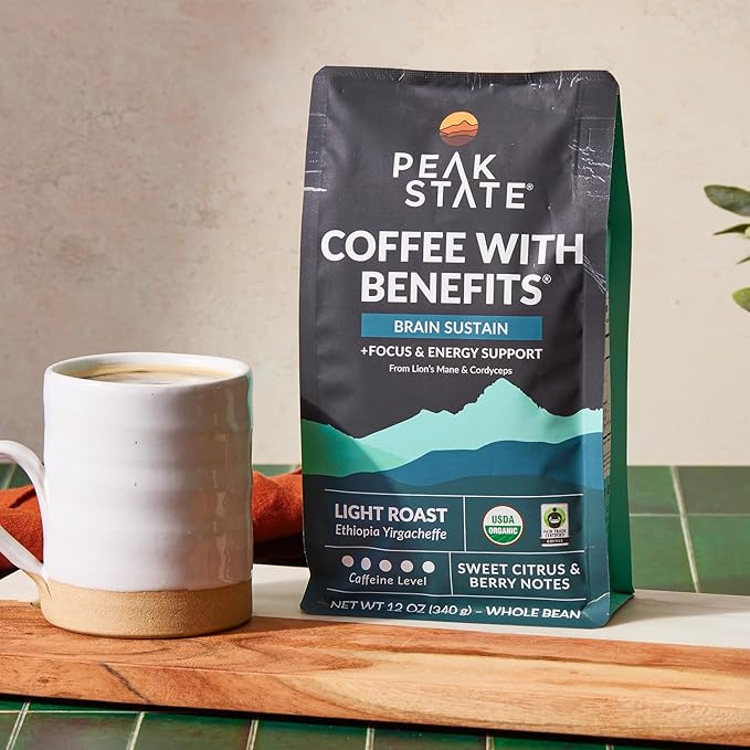 Peak State Coffee with Benefits, 3 Bag Variety Pack – Mushroom Coffee, Low Acid & Smooth, Immunity Boost, Brain Sustain & Stress Less, Organic Whole Bean, Gluten Free, 12 oz. Each