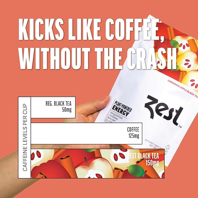 Zest Cinnamon Apple Spice Energy Tea – High Caffeine Black Tea Bags for Focus, Clarity & Morning Energy – Natural Non-GMO Caffeinated Breakfast Tea – Cozy Fall Focus Tea with 150mg Caf – 20Ct Pack