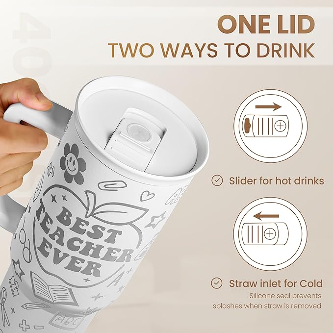 Best Teacher Ever Tumbler 40oz, Stainless Steel Insulated Coffee Travel Cups with Handle, Teacher Appreciation Gifts for Women, Teachers Gift for Valentines Farewell Birthday Christmas Teacher's Day