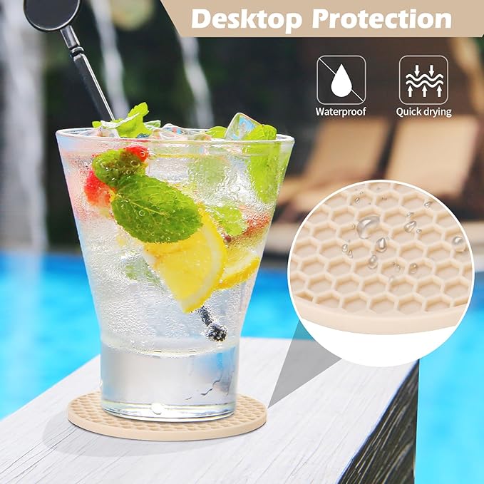 Coasters Set of 6 with Holder,Coasters for Drinks,Coffee Table Decor Coaster,Suitable for Kinds Cups,Anti-Slip,Non-Stick,Silicone Cup Coaster and Living Room Decor (6 Pcs, Tapioca)