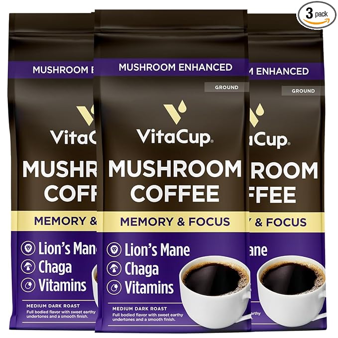 VitaCup Focus Mushroom Coffee Grounds, with Lions Mane, Chaga, B Vitamins, D3, Boost Focus, Immunity, Memory & Clarity, Medium Dark Roast, Bold & Smooth 100% Arabica Specialty, 3 bags, 10oz each