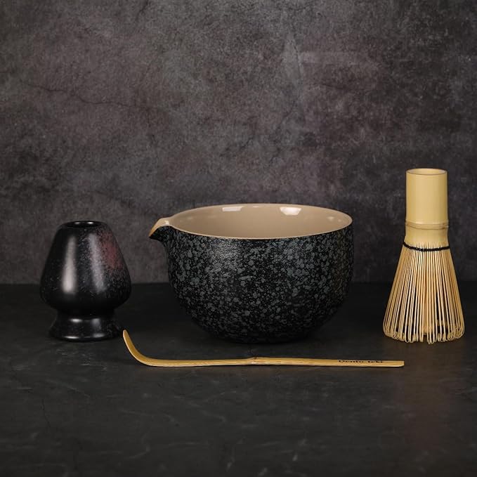 5-Piece Traditional Matcha Set beautifully crafted ceramic Japanese matcha bowl, chasen holder, natural bamboo whisk, spoon, and airtight matcha tin container – Perfect for ceremonial-grade matcha
