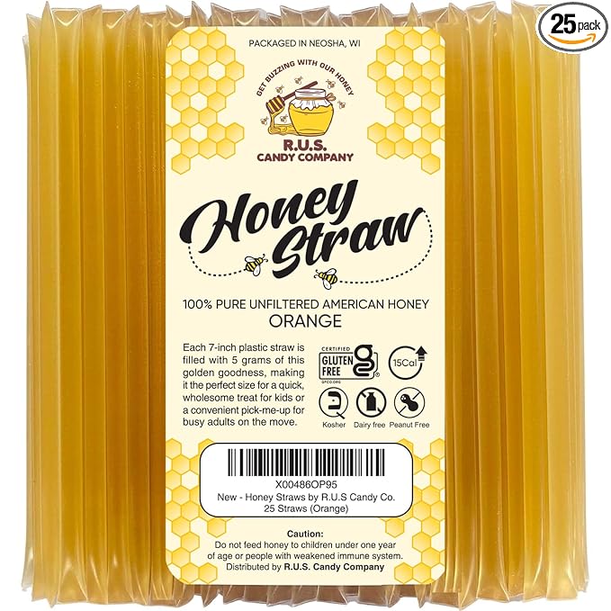 25 Pack Honey Sticks For Tea, Snacking, Honey Packets Single Serve Stir Sticks, Natural Flavor by R.U.S Candy Company- Honey Straws (Orange)
