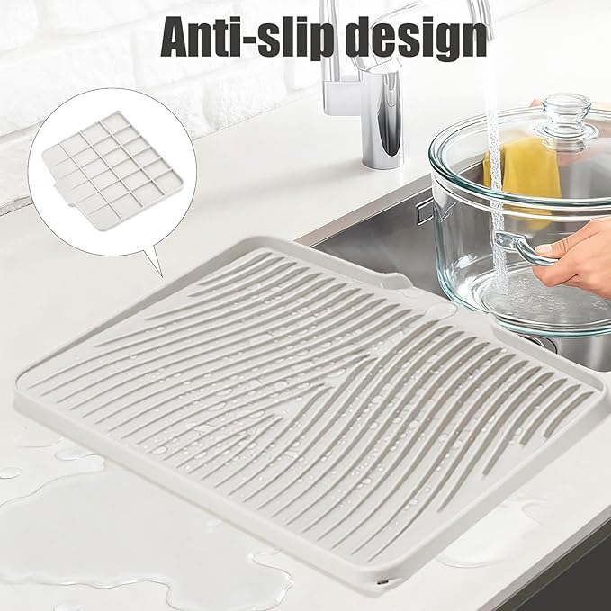 Silicone Dish Drying Mat, Stone Drying Mat for Kitchen Counter with Built-In Drain, Non-Slip Drain Pad with Built-in Drain, Heat Resistant Stone Drying Mat, 1Pcs 19.7" x 17", Cream