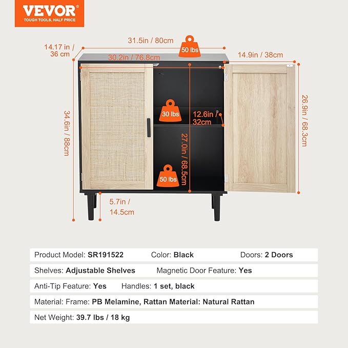 VEVOR Rattan Cabinet, Buffet Cabinet with Storage, Storage Cabinet with 2 Magnetic Doors and Adjustable Shelves, Sideboard Buffet for Hallway, Entryway, Living Room, or Kitchen, Black