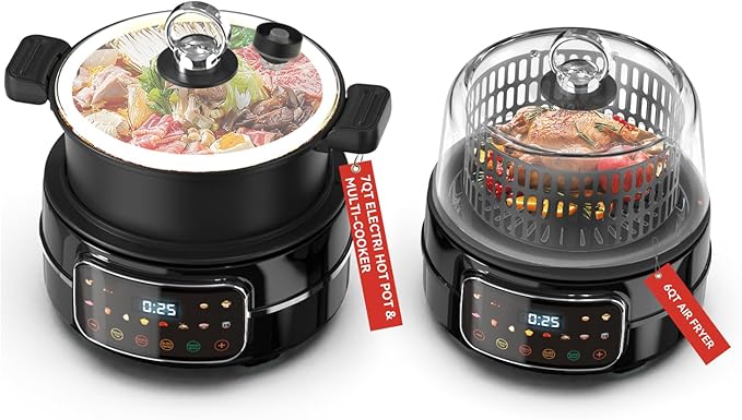 5QT Air Fryer & Multi-Cooker Combo - 12-in-1 Electric Hot Pot, Rice Cooker, Steamer with Removable Air Fry Basket & Soup Pot, 1800W, Dishwasher Safe