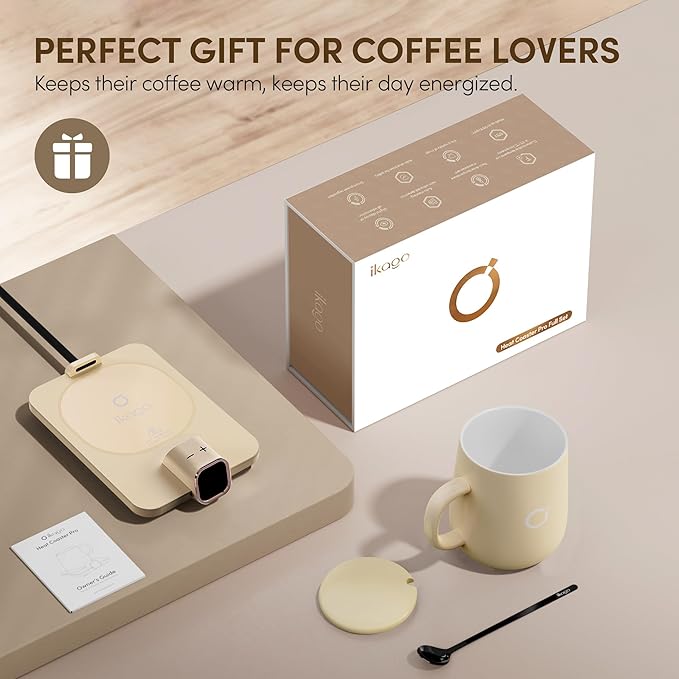 Coffee Mug Warmer Set, ±1°F Precision Temperature Control Smart Heated Mug for Desk, Electric Coffee Warmer with Auto Shut Off & Real-Time Temp Display, Gifts for Men Women, 15oz Ceramic Mug, Beige