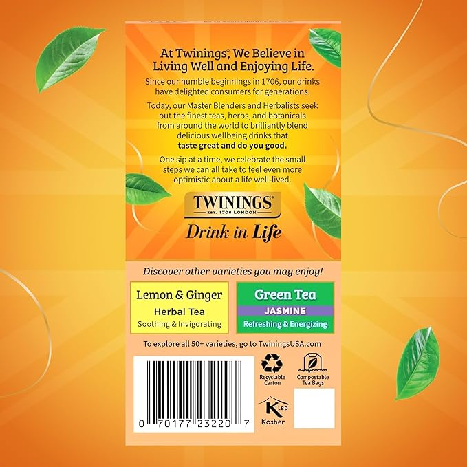 Twinings Peach & Orange Herbal Tea Individually Wrapped Bags, 20 Count (Pack of 1), Juicy & Fruity, Naturally Caffeine-Free, Enjoy Hot or Iced, 20 Teabags