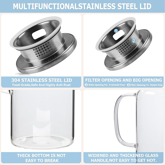 Yirilan Glass Pitcher, 2.3 Liter Beverage Pitcher with Lid for Hot & Cold Water, Iced Tea & Juice Drink - Includes Cup Brush