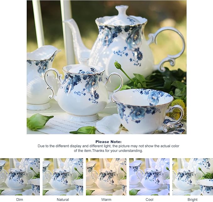 Bone China Tea Cups and Saucers, Vintage Teacups and Saucers for Women Tea Party (Blue B)