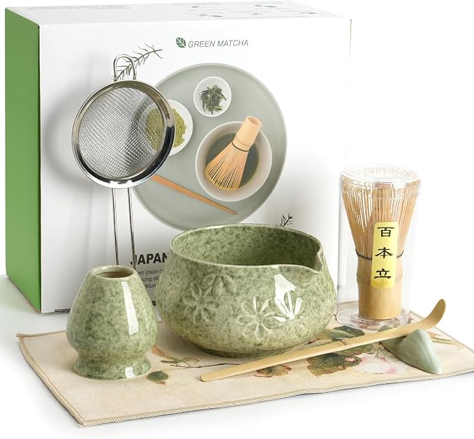 Matcha Whisk Set, Ceramic Matcha Kit Set Includes Matcha Bowl, Matcha Whisk and Holder, Bamboo Scoop, Scoop Rest, Sifter and Tea Towel - 7 Pcs Matcha Kit for Matcha Lovers(Green)