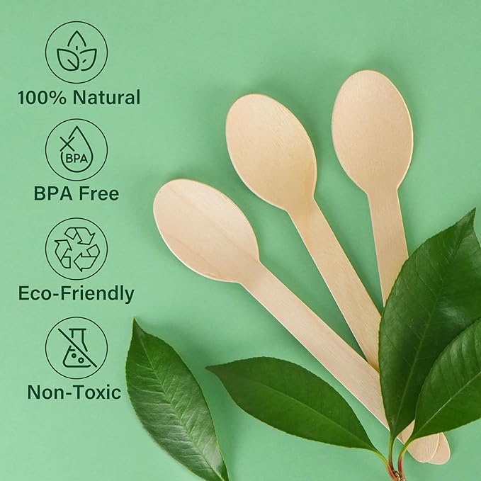 LotFancy Disposable Wooden Spoons, 250Pcs 6.25 inch Wood Cutlery Spoons, Biodegradable Compostable Eco-friendly Birchwood Sampling Tasting Spoons