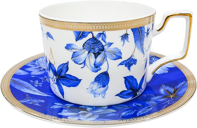 Bone China Tea Cup and Saucer Set, Bone China Coffee Cups and Saucers, Vintage Blue and White TeaCups snd Saucers Gift for Mom Friend Tea Party (dark blue)