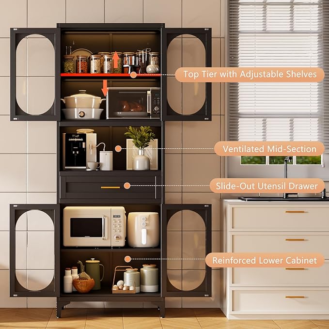 75" Tall Kitchen Pantry Cabinet,Metal Storage Cabinets with 4 Glass Doors and Adjustable Shelves,Freestanding Display Cupboard for Dining Room,Living Room,Hallway,Bathroom,Black