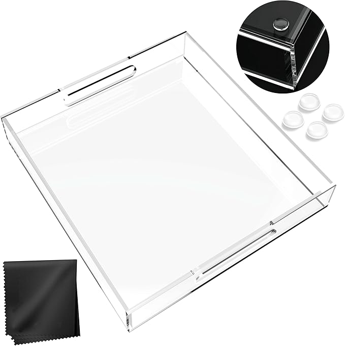 Acrylic Tray 15x15 with Cut Handles - Spill Proof Decorative Tray is an Ideal Countertop Organizer for Living Rooms, Ottoman Coffee Tables, Offices, Kitchens & Serving Guests